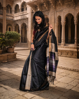 Load image into Gallery viewer, Black Handwoven Tussar Silk Saree
