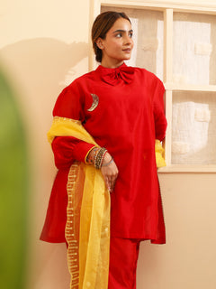 Load image into Gallery viewer, Red Handwoven Chanderi Silk Kurta-set
