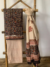 Load image into Gallery viewer, Black and brown block printed cotton kurta set with beige dupatta that has floral block print on it.
