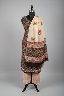 Load image into Gallery viewer, Black and brown block printed cotton kurta set with beige dupatta that has floral block print on it.
