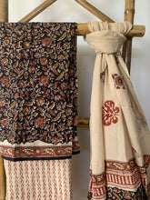 Load image into Gallery viewer, Black and brown block printed cotton kurta set with beige dupatta that has floral block print on it
