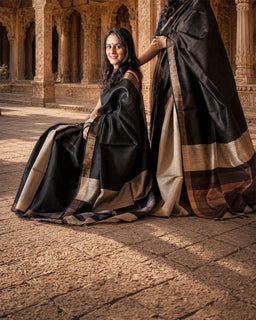 Load image into Gallery viewer, Black Handwoven Tussar Silk Saree
