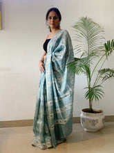 Load image into Gallery viewer, Air blue maheshwari silk saree with block print details on it
