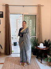 Load image into Gallery viewer, Handloom Chanderi Silk saree in Black and white stripes
