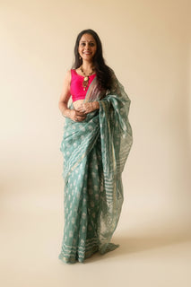 Load image into Gallery viewer, Sea Green Kota Doria Saree with block print details. 
