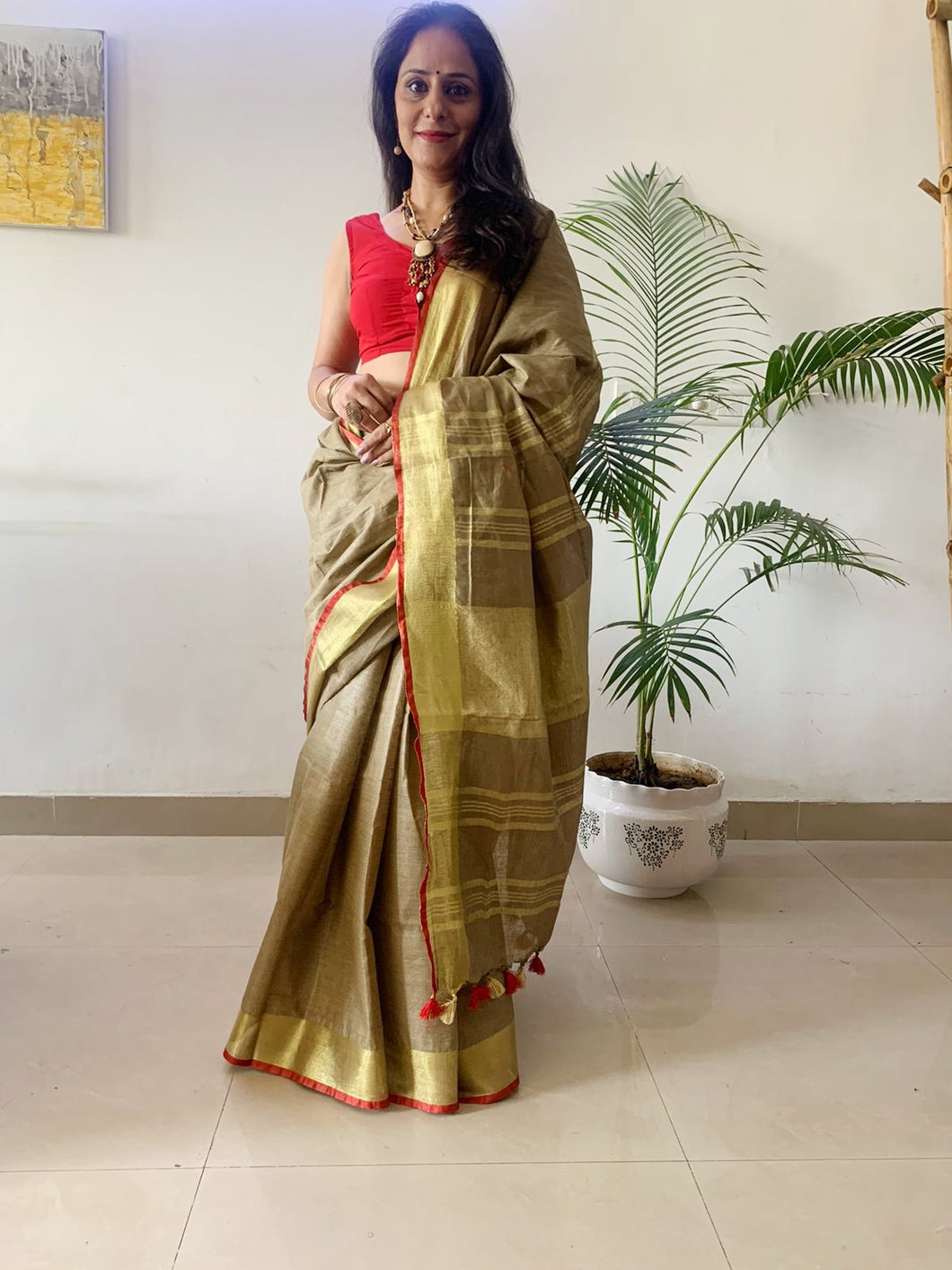 Golden Brown Linen Saree