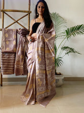 Load image into Gallery viewer, Light brown silk saree. Hand-block printed Maheshwari Silk Saree
