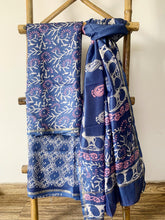 Load image into Gallery viewer, Block printed blue Kurta Set in maheshwari silk comes with a matching bottom and dupatta
