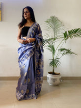 Load image into Gallery viewer, Blue maheshwari silk saree with block print all over it. 
