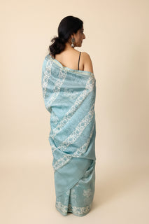 Load image into Gallery viewer, Air blue maheshwari silk saree with block print details on it
