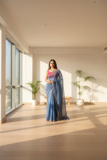 Load image into Gallery viewer, Blue Block-print Kota Saree
