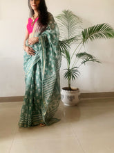 Load image into Gallery viewer, Sea Green Kota Doria Saree with block print details. 
