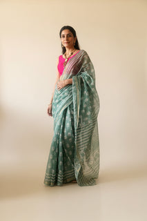 Load image into Gallery viewer, Sea Green Kota Doria Saree with block print details. 
