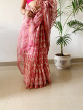 Load image into Gallery viewer, Peach Kota doria Saree with hand block print details
