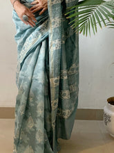 Load image into Gallery viewer, Air blue maheshwari silk saree with block print details on it
