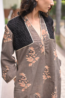Load image into Gallery viewer, Brown natural dye block print organic cotton Kurta set in Natural Dye
