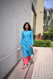Load image into Gallery viewer, Blue striped hand-block cotton kurta set
