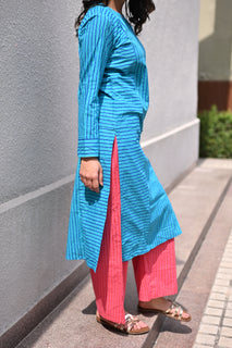 Load image into Gallery viewer, Blue striped hand-block cotton kurta set
