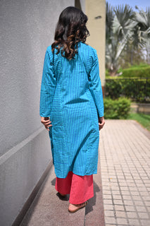 Load image into Gallery viewer, Blue striped hand-block cotton kurta set

