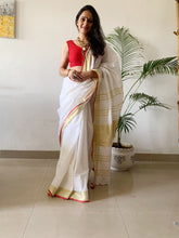 Load image into Gallery viewer, white linen saree with gold border
