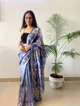 Load image into Gallery viewer, Blue maheshwari silk saree with block print all over it. 
