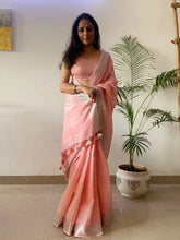 Load image into Gallery viewer, Pure Linen Saree. Peach Linen Saree with Gold and Red Border
