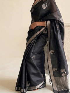 Load image into Gallery viewer, Handwoven Black Chanderi Silk Saree
