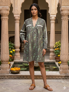 Load image into Gallery viewer, Earthy Grey Handblock Cotton Short Tunic/Kurta
