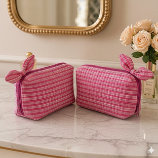 Load image into Gallery viewer, Pack of 2 - Pink quilted cotton travel pouch
