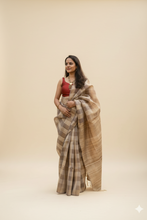 Load image into Gallery viewer, Grey check -Handwoven Tussar Silk Saree
