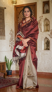 Load image into Gallery viewer, Maroon Handwoven Tussar Silk Saree
