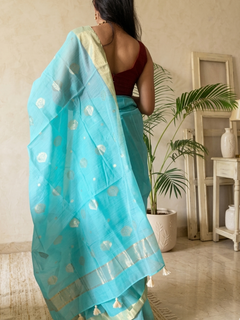 Load image into Gallery viewer, Sea Blue Handloom Chanderi Saree with Gold Zari Work
