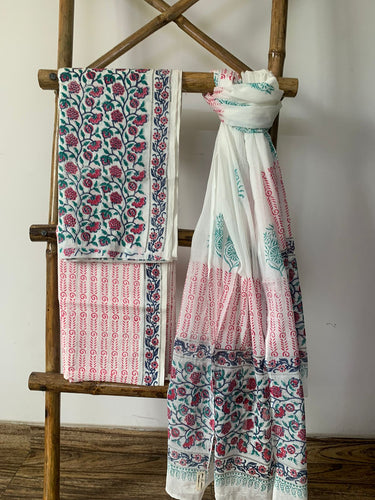 Cotton block printed kurta set with red and pink floral pattern and a block printed lightweight dupatta