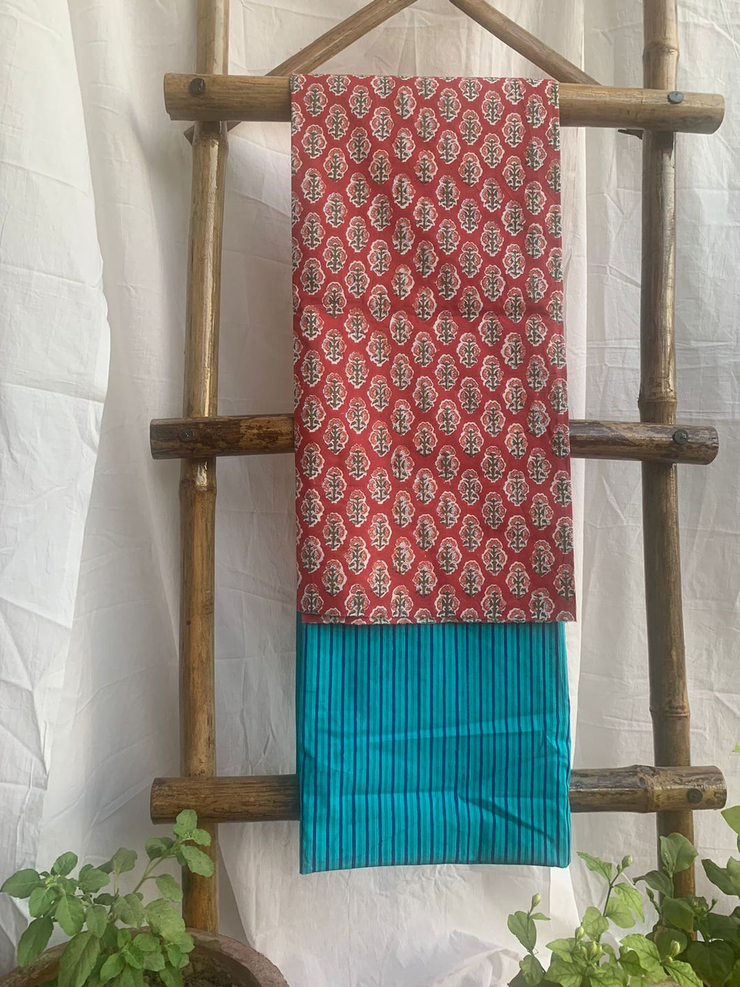 Red/Teal Hand-block printed Kurta set