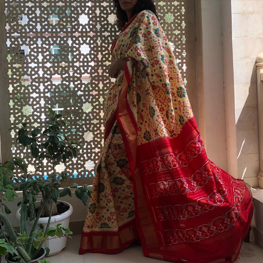 Beige and Red Ikkat Saree