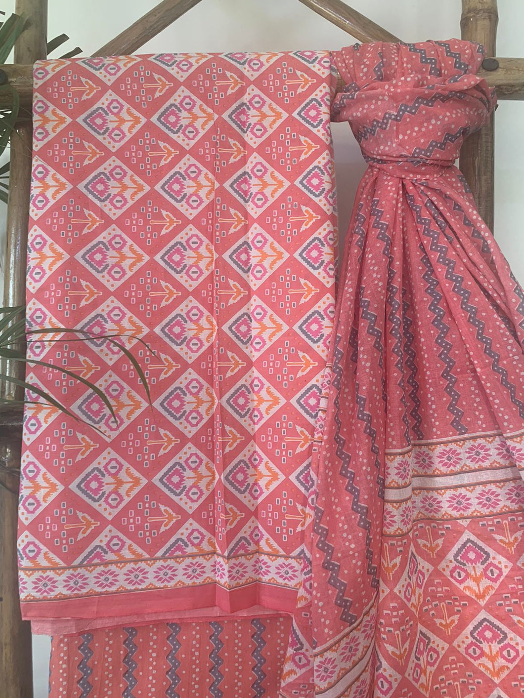 Peach Cotton block print kurta set with dupatta