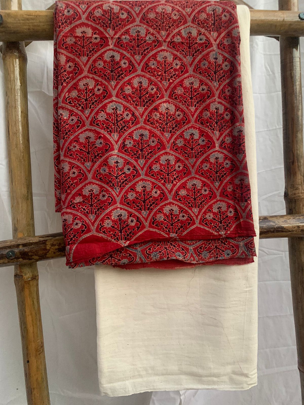 Red ajrak kurta with white organic cotton bottom