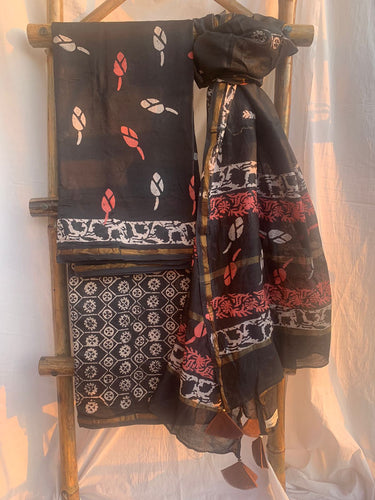 Black Maheshwari Silk kurta with block print on it