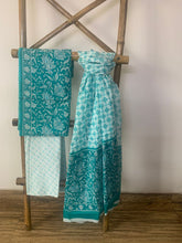 Load image into Gallery viewer, Teal cotton kurta with white bottom and block-printed lightweight dupatta
