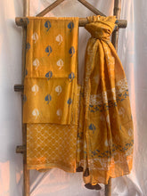 Load image into Gallery viewer, Yellow Handloom Maheshwari Silk Suit with block print on it. 
