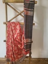 Load image into Gallery viewer, Leaf hand block printed red tussar silk saree with black striped blouse piece
