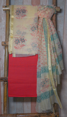 Kota Doria Kurta Set with Floral Print is paired with solid cotton bottom and printed kota doria dupatta