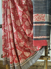 Load image into Gallery viewer, Leaf hand block printed red tussar silk saree with black striped blouse piece
