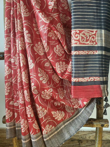 Leaf hand block printed red tussar silk saree with black striped blouse piece