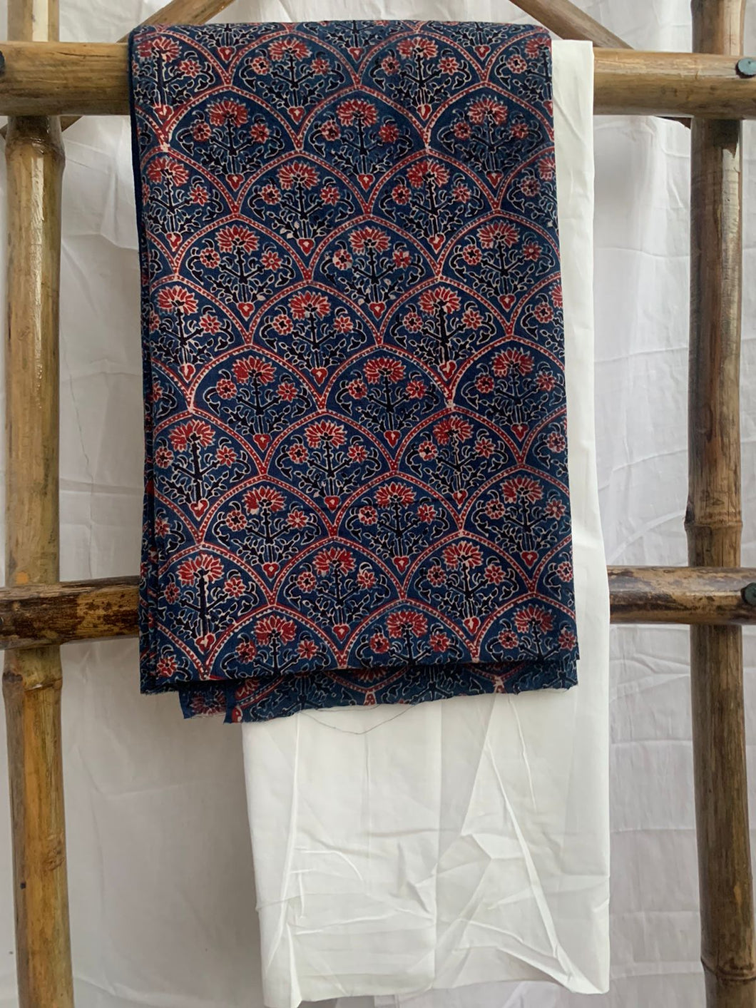 Blue ajrak kurta with white cotton bottom