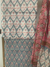 Load image into Gallery viewer, Cotton block printed grey kurta and bottom with floral print on it is paired with a lightweight cotton block printed pink dupatta. 
