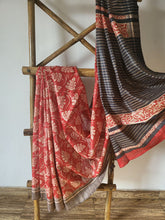 Load image into Gallery viewer, Leaf hand block printed red tussar silk saree with black striped blouse piece
