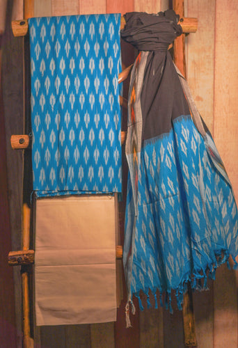 Blue and beige cotton ikkat kurta set with black and blue ikkat dupatta