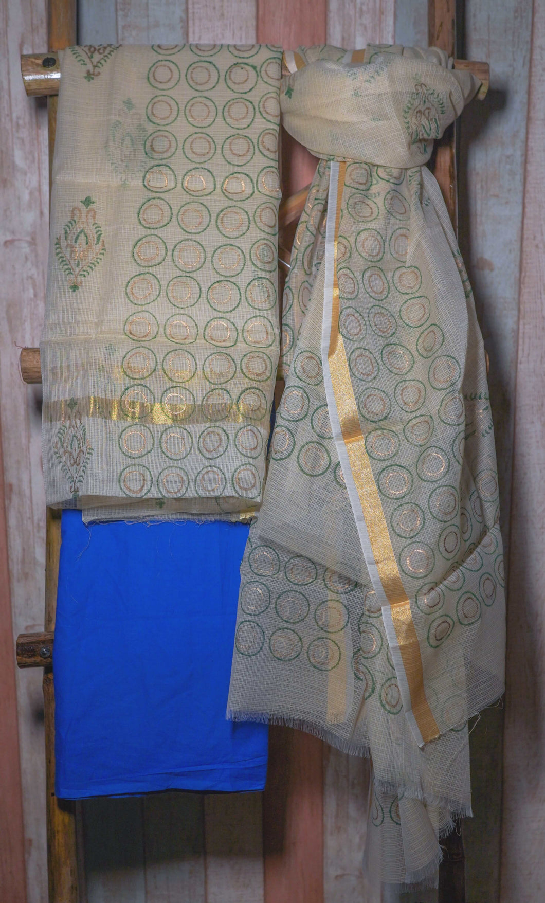 Kota Doria Kurta paired with blue bottom and printed kota dupatta