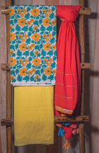 Load image into Gallery viewer, Multicolor Floral Kurta is paired with solid yellow bottom and striped dupatta
